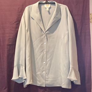 Dusty Blue Silk Blouse with Flounced Sleeves